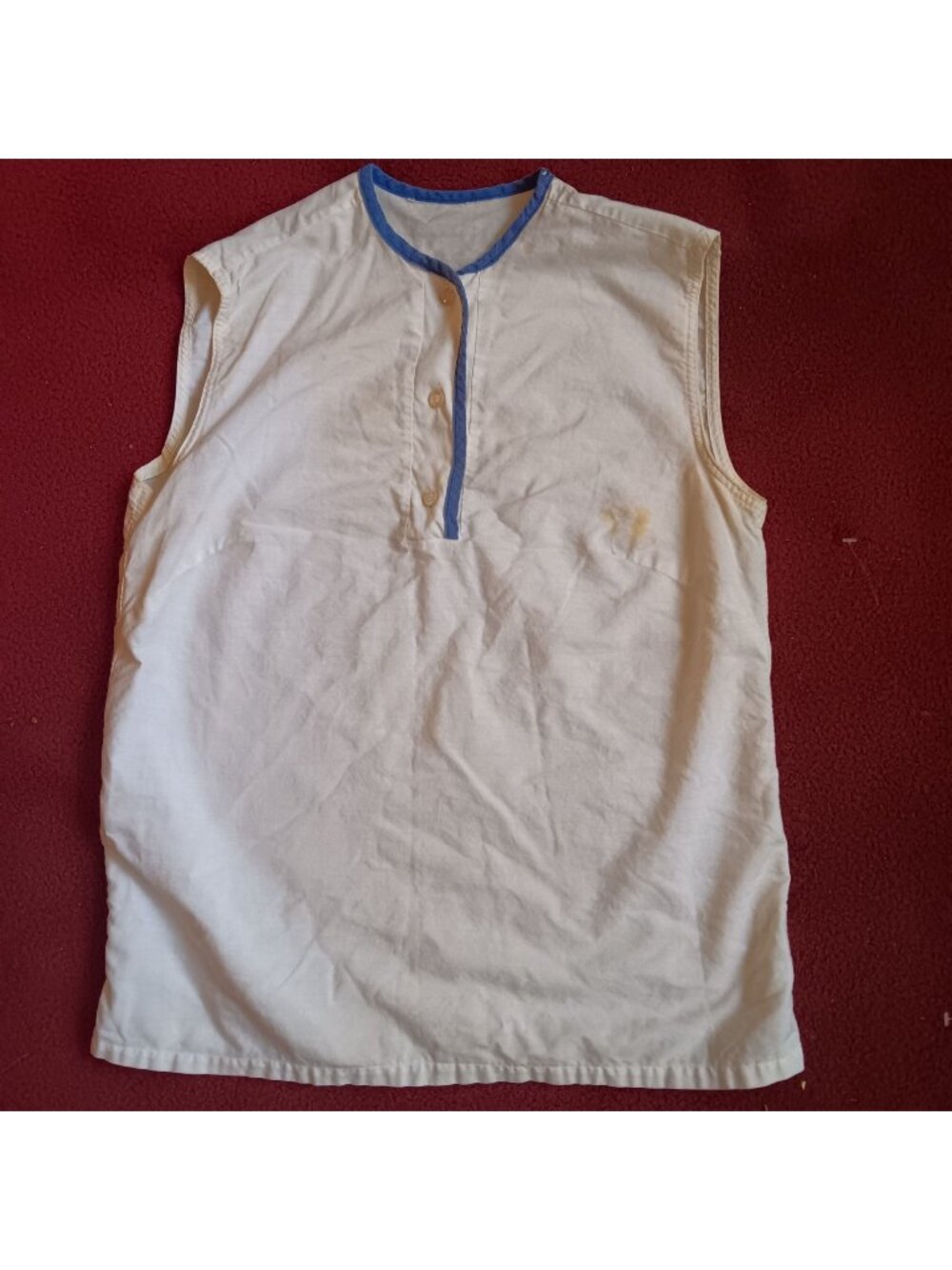 True Vintage Sleeveless Henley Top Small 1960's White Button-Front Blue Trim